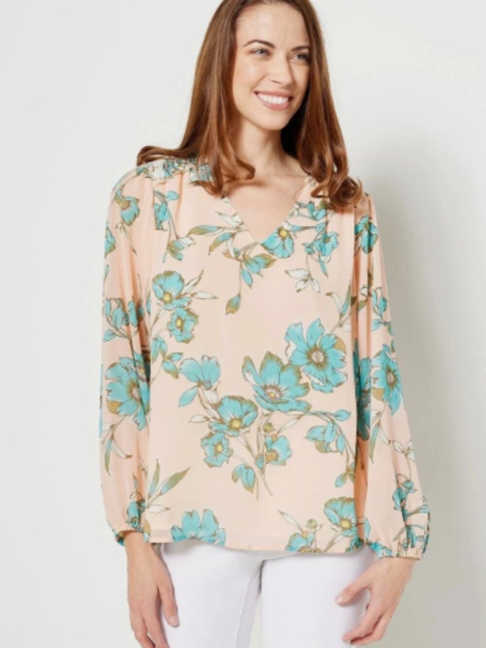 Belle by Kim Gravel Chiffon Overlay Blouson Blossom Blouse-Peach-Medium-A471027